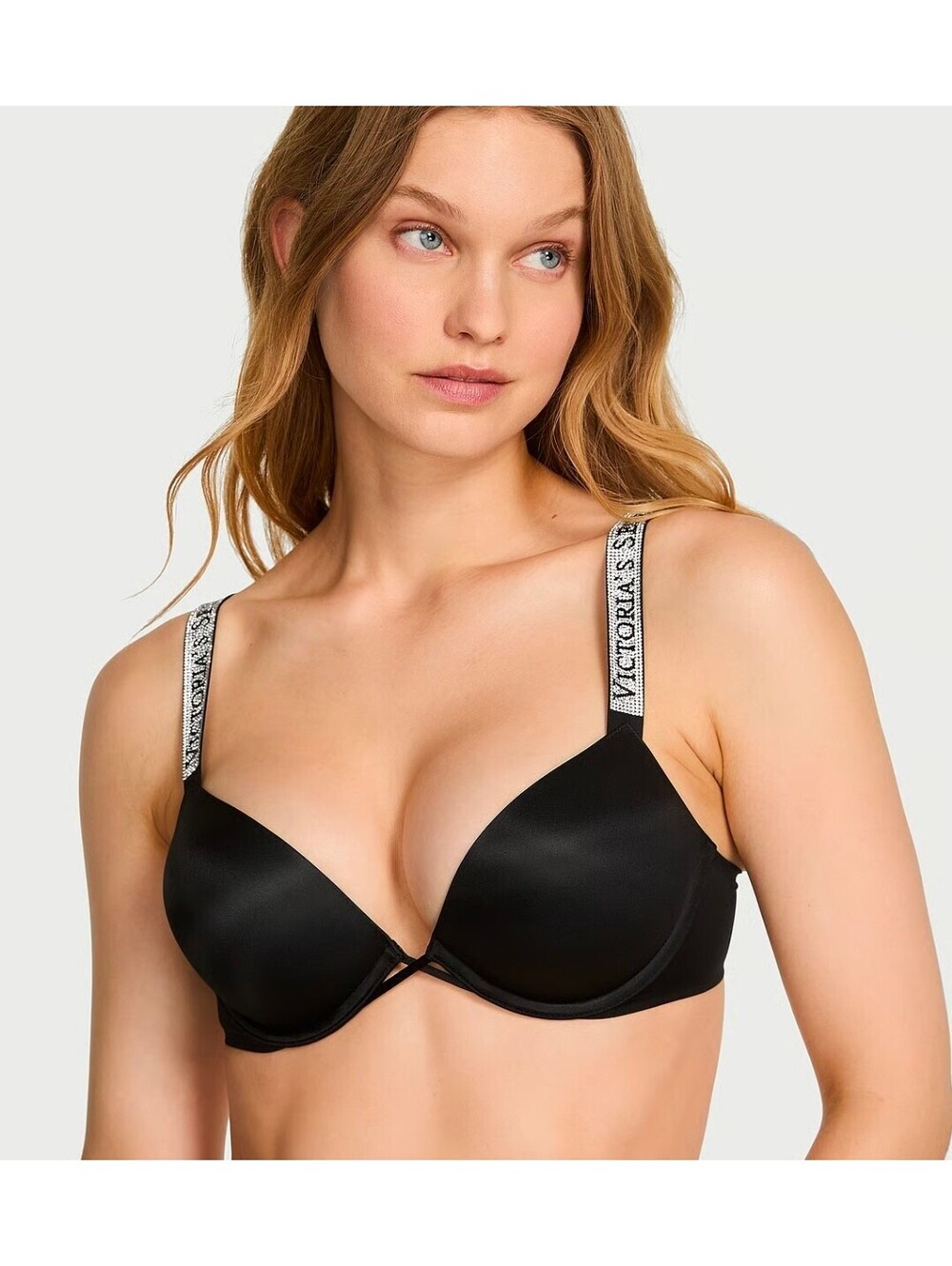 Victoria’s Secret Bombshell Logo Shine Strap Push Up Bra Black 38D Rhinestone